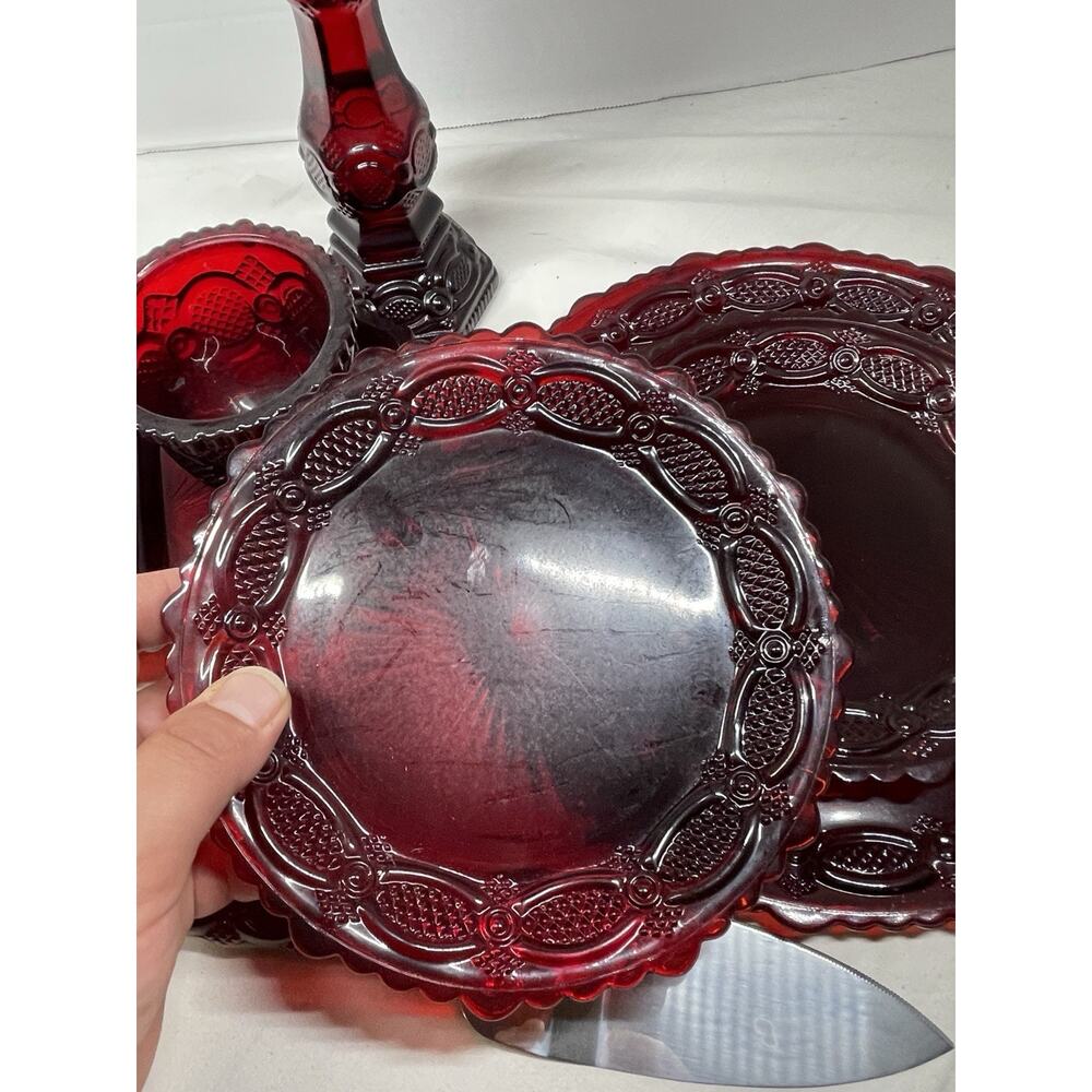 Avon Dark Red Embossed Glassware Set Plates Cups Candle Holder Pie Server - Picture 6 of 8